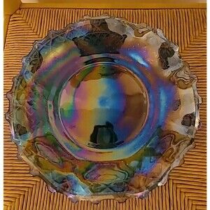 Vintage Carnival Glass Bowl Platter 10" Irridescent Blue Star